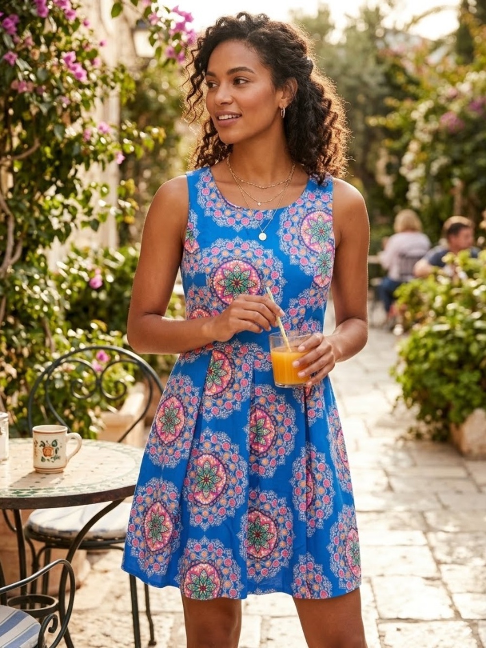 Pink Owl Mandala Paisley Floral Pleated A-Line Mini Dress Blue Pink Large